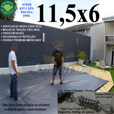 Capa para Piscina Super: 11,5 x 6,0m PP/PE Cinza - Preto Capa Térmica Premium +82m+82p+5b