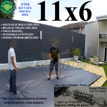 Capa para Piscina Super: 11,0 x 6,0m PP/PE Cinza - Preto Capa Térmica Premium +80m+80p+5b