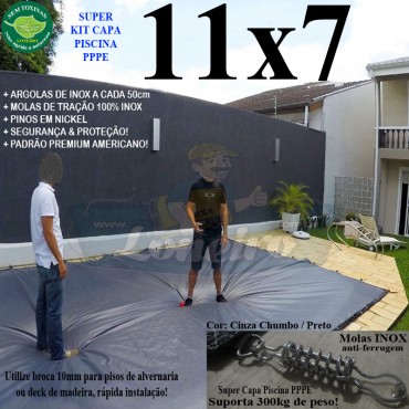 Capa para Piscina Super: 11,0 x 7,0m PP/PE Cinza - Preto Capa Térmica Premium +84m+84p+5b