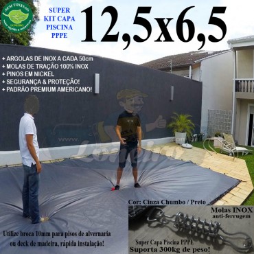 Capa para Piscina Super: 12,5 x 6,5m PP/PE Cinza - Preto Capa Térmica Segurança Premium +88m+88p+5b