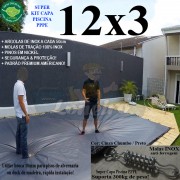 Capa para Piscina Super: 12,0 x 3,0m PP/PE Cinza - Preto Capa Térmica Premium +72m+72p+5b