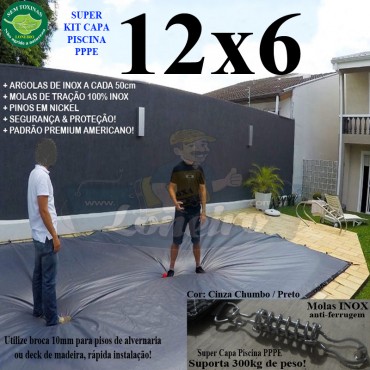 Capa para Piscina Super: 12,0 x 6,0m PP/PE Cinza - Preto Capa Térmica Premium +84m+84p+5b