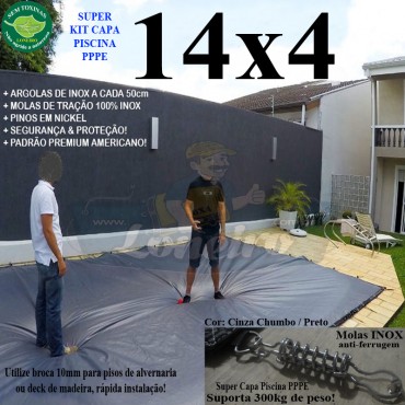 Capa para Piscina Super: 14,0 x 4,0m PP/PE Cinza - Preto Capa Térmica Segurança Premium +84m+84p+5b