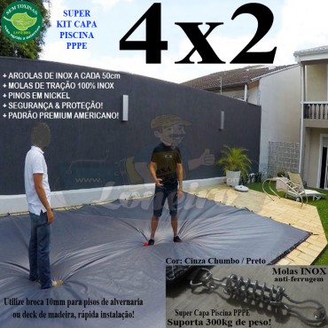 Capa para Piscina Super 4,0 x 2,0m PP/PE Prateada / Branca - Capa Térmica Premium Segurança Crianças Animais +36m+36p+1b