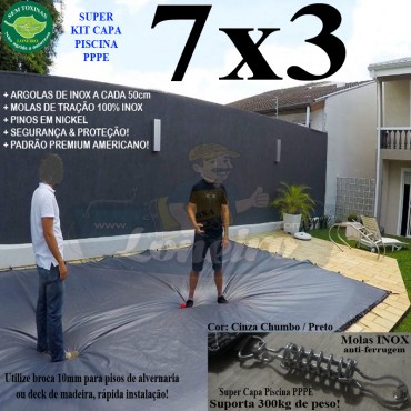 Capa para Piscina Super 7,0 x 3,0m PP/PE Cinza - Preto Lona Térmica Premium +52m+52p+3b