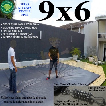 Capa para Piscina Super 9,0 x 6,0m PP/PE Cinza - Preto Lona Térmica Premium +72m+72p+4b