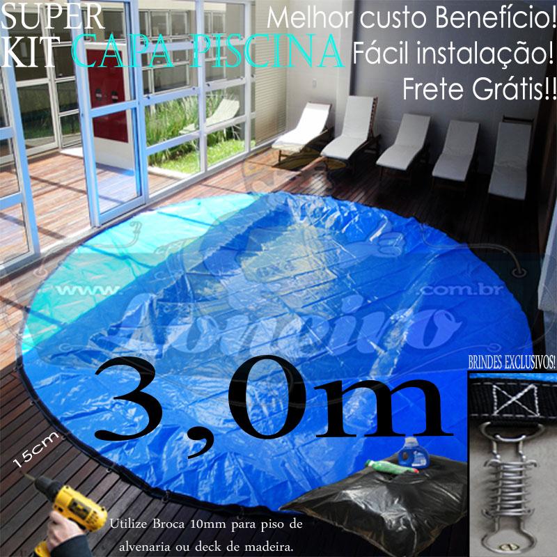 Capa para Piscina Super 3,0m de Diâmetro Redonda XPO com Argolas "D" a cada 50cm Lona Térmica Proteção e Segurança 20m+20p+1b