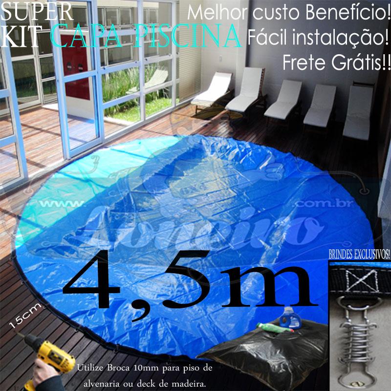 Capa para Piscina Super 4,5m de Diâmetro Redonda 350 Micras Argolas "D" INOX a cada 50cm Lona Térmica Proteção e Segurança 30m+30p+1b