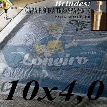 Capa de Piscina: 10,0 x 4,0m Transparente 400 Micras + 60 el 20cm , 60 pinos e 3 bóias para escoamento d