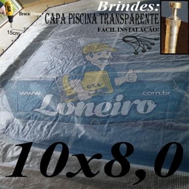 Capa de Piscina: 10,0 x 8,0m Transparente 400 Micras + 90 el 15cm , 90 pinos e 4 bóias para escoamento d