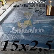 Capa de Piscina: 15,0 x 2,5m Transparente 400 Micras + 60 el 20cm , 60 pinos e 4 bóias para escoamento d