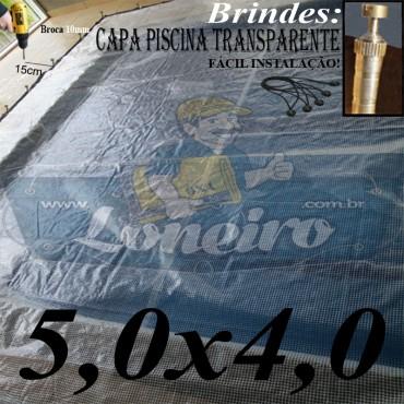 Capa de Piscina 5,0 x 4,0m Transparente 400 Micras + 30 el 20cm , 30 pinos e 2 bóias para escoamento d