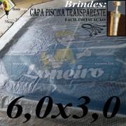 Capa de Piscina 6,0 x 3,0m Transparente 400 Micras + 28 el 20cm , 28 pinos e 2 bóias para escoamento d’ água da chuva