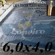 Capa de Piscina 6,0 x 4,0m Transparente 400 Micras + 36 el 20cm , 36 pinos e 2 bóias para escoamento d