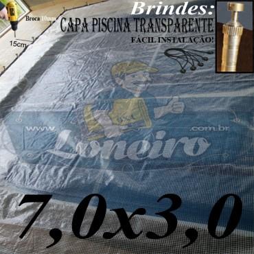 Capa de Piscina 7,0 x 3,0m Transparente 400 Micras + 32 el 20cm , 32 pinos e 2 bóias para escoamento d