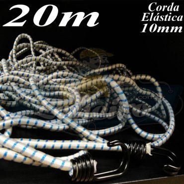 Corda Elástica de Borracha 20 metros x 10mm Azul / Branco com terminal gancho cabeça dupla cor preto bicromatizado nas duas pontas