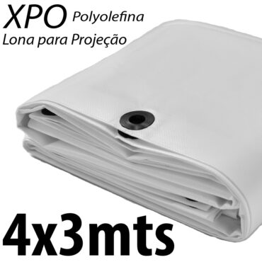 Lona 4,0 x 3,0m Loneiro Xtreme Polyolefina XPO 270 Gsm Industrial Projetor Projeção Imagens Telão Branca e Prata Ilhoses a cada 50cm