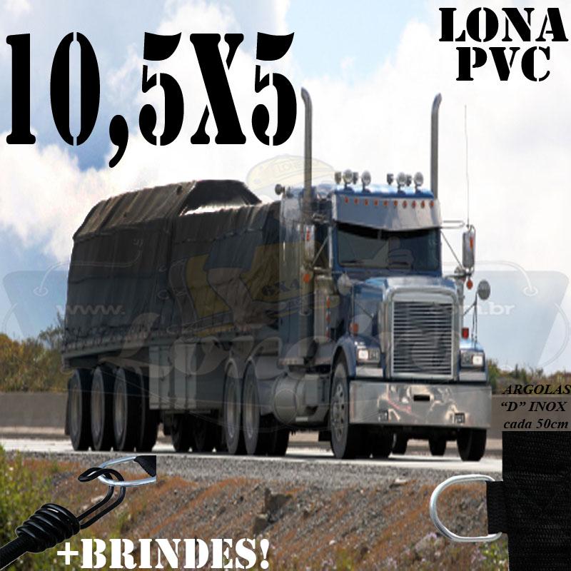 Lona: 10,5 x 5,0m PVC Premium Caminhão Vinil Preto Fosco AntiChamas com 15 LonaFlex Gancho 25cm e 15 LonaFlex Gancho 50cm 1 ROW 0,75m