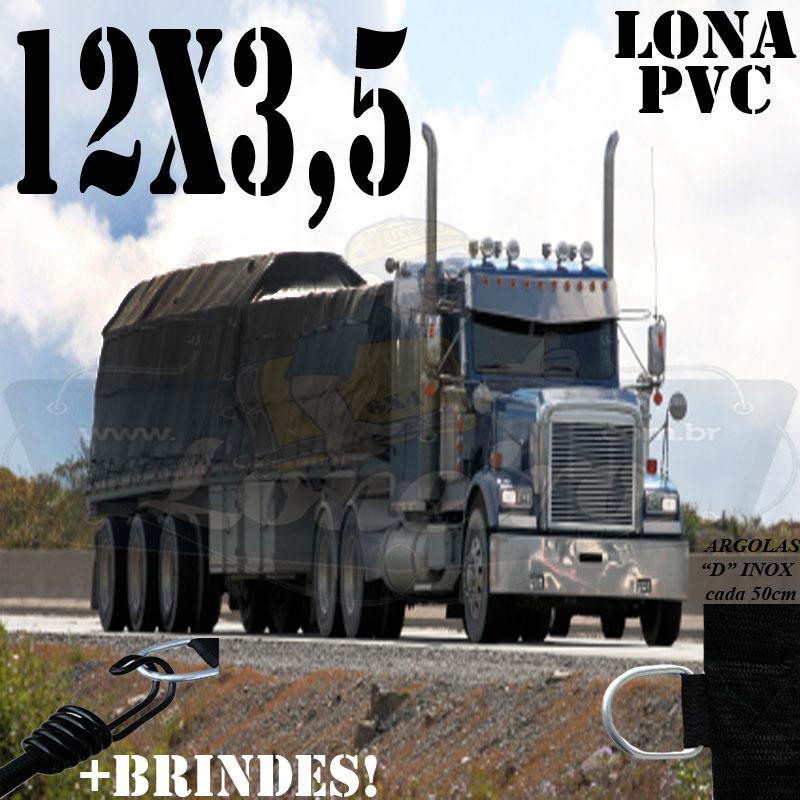 Lona: 12,0 x 3,5m PVC Premium Caminhão Vinil Preto Fosco AntiChamas com 15 LonaFlex Gancho 25cm e 15 LonaFlex Gancho 50cm 1 ROW 0,35m