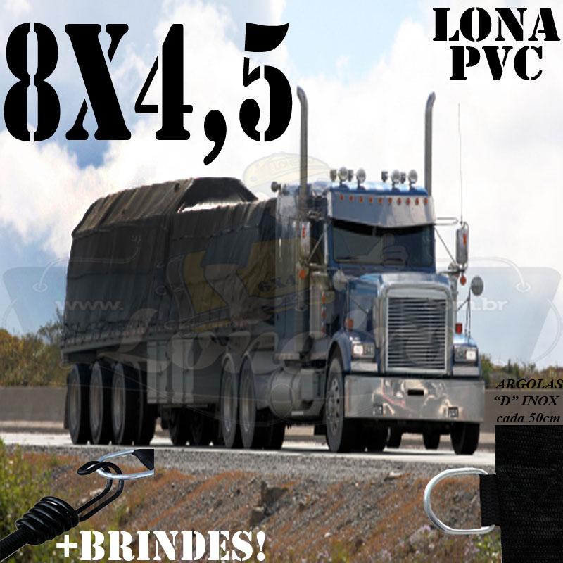 Lona 8,0 x 4,5m PVC Premium Caminhão Vinil Preto Fosco AntiChamas com 12 LonaFlex Gancho 25cm e 12 LonaFlex Gancho 50cm 1 ROW 0,75m