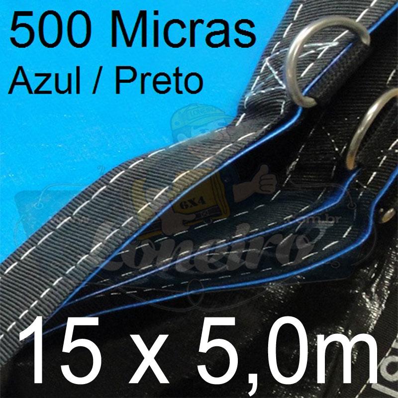 Lona: 15,0 x 5,0m Loneiro 500 Micras PPPE Impermeável Azul e Preto com argolas 