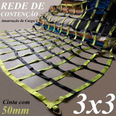 Cinta 50mm Poliéster Rede Contenção 3 x 3 M Loneiro Malha 25x25cm Capacidade 15 TON Amarração Proteção Carga Rodoviária Caminhão Utilitários