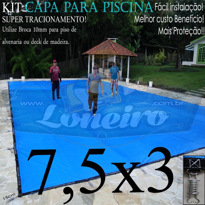 Capa para Piscina Super 7,5 x 3,0m PP/PE Azul-Preto Lona Térmica de Proteção e Segurança +54m+54p+3b
