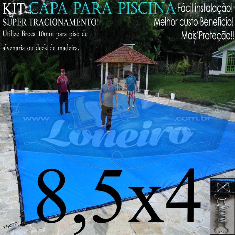 Capa para Piscina Super 8,5 x 4,0m PP/PE Azul-Preto Lona Térmica de Proteção e Segurança +62m+62p+3b
