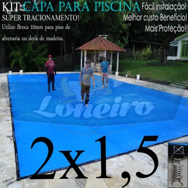 Capa para Piscina Super 2,0 x 1,5m Azul/Cinza PP/PE Lona Térmica Premium +26m+26p+ 1 pet-bóia solta