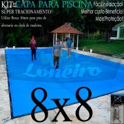 Capa para Piscina Super 8,0 x 8,0m PP/PE Azul/Cinza Chumbo Lona Térmica de Proteção +76m+76p+5b