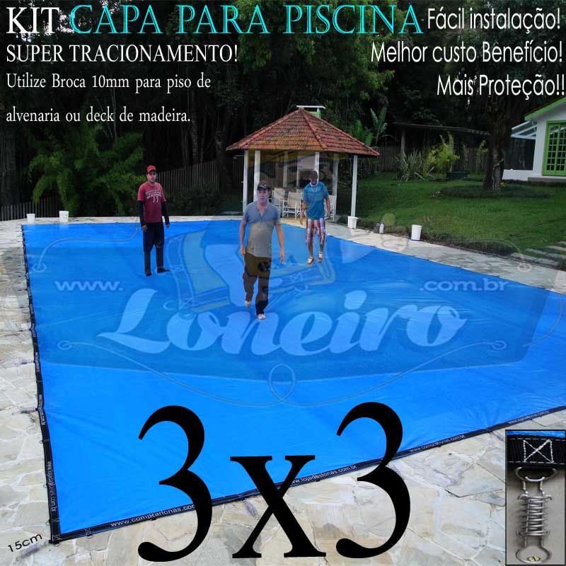 Capa para Piscina Super 3,0 x 3,0m Azul/Cinza PP/PE Lona Térmica Premium +36m+36p+1b