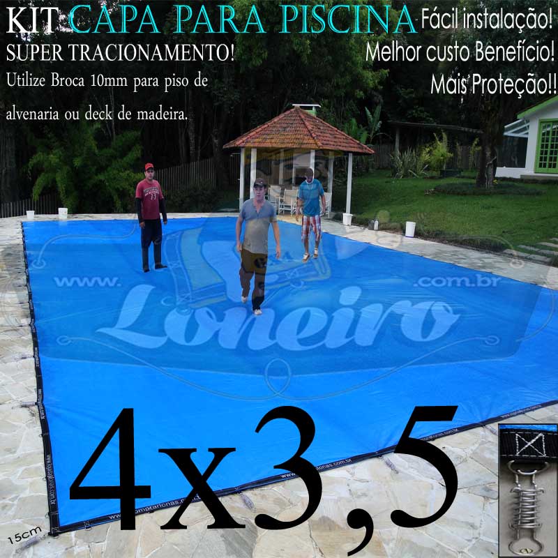 Capa para Piscina Super 4,0 x 3,5m Azul/Preto PP/PE Lona Térmica Premium +42m+42p+1b