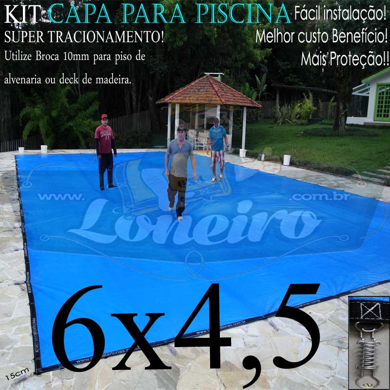 Capa para Piscina Super 6,0 x 4,5m Azul/Preto PP/PE Lona Térmica Segurança Premium +54m+54p+3b
