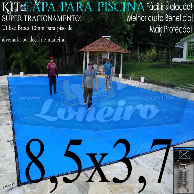 Capa para Piscina Super 8,5 x 3,7m PP/PE Azul-Preto Lona Térmica de Proteção +61m+61p+3b