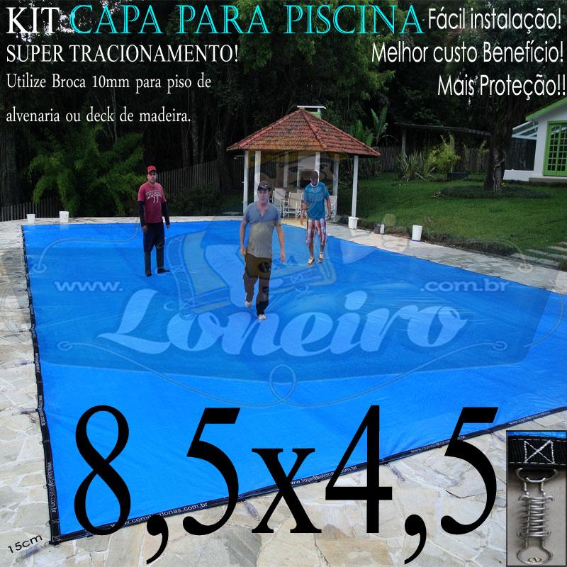 Capa para Piscina Super 8,5 x 4,5m Azul/Cinza PP/PE Lona Térmica Segurança Premium +64m+64p+3b