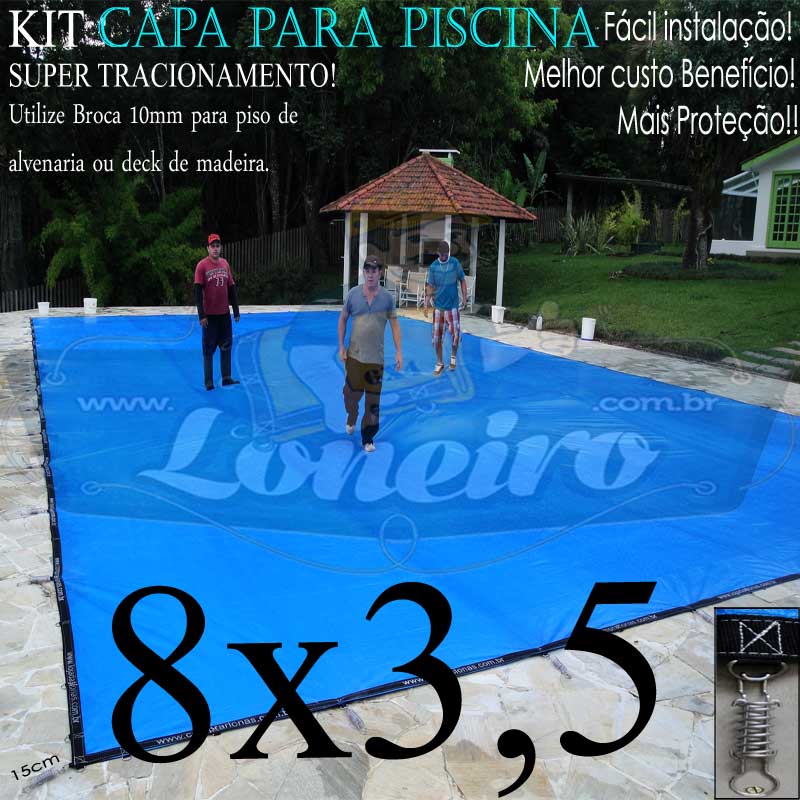 Capa para Piscina Super 8,0 x 3,5m PP/PE Azul-Preto Lona Térmica de Cobertura +58m+58p+3b