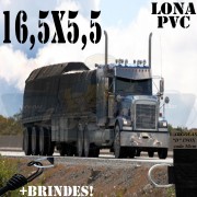 Lona: 16,5 x 5,5m PVC Premium Caminhão Vinil Poliéster Preto Fosco AntiChamas com 22 LonaFlex Gancho 25cm e 22 LonaFlex Gancho 50cm 1 ROW 0,75m